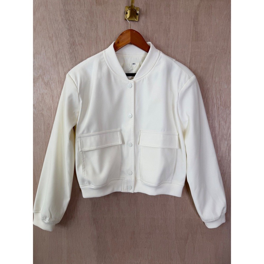 Womens Cropped Bomber Jacket Off White Snap Front Flap Pockets Medium